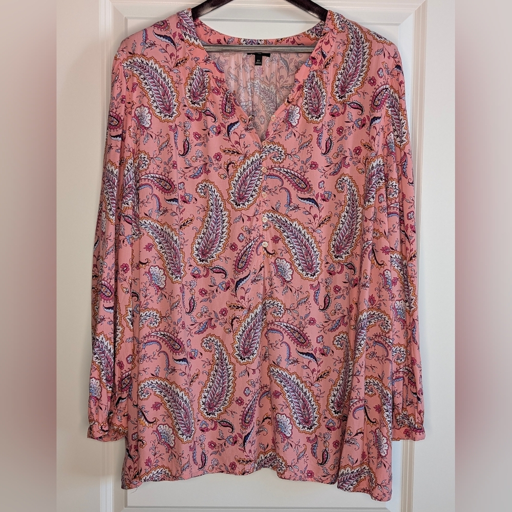 Talbots Plus Paisley Print Blouse Top 3X Pink Floral Boho Long Sleeve